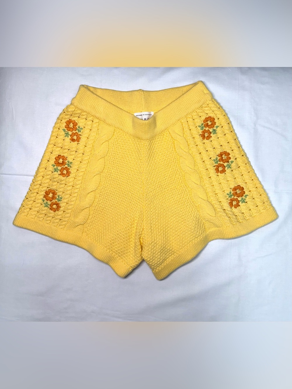 Yellow High-Waist Knit Shorts with Floral Embroidery